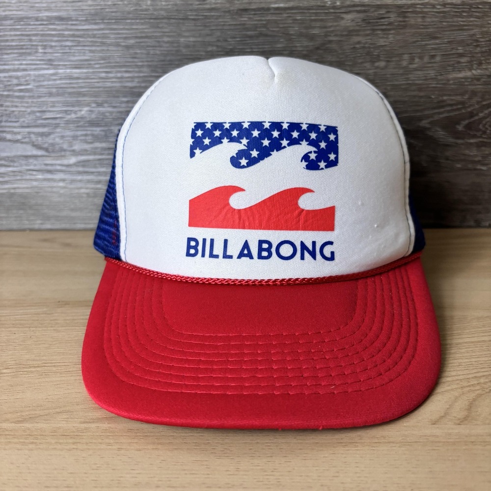 Billabong Hat Cap Trucker Snap Back Red White Blue Patriotic Mesh Beach Mens
